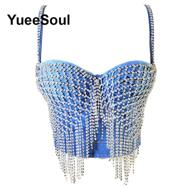 Denim Crop Tops Pearl Tassel Diamond Flower Blue Sleeveless Sexy Corset 2000s 2026 Summer New Y2K Party Evening Woman Clothes