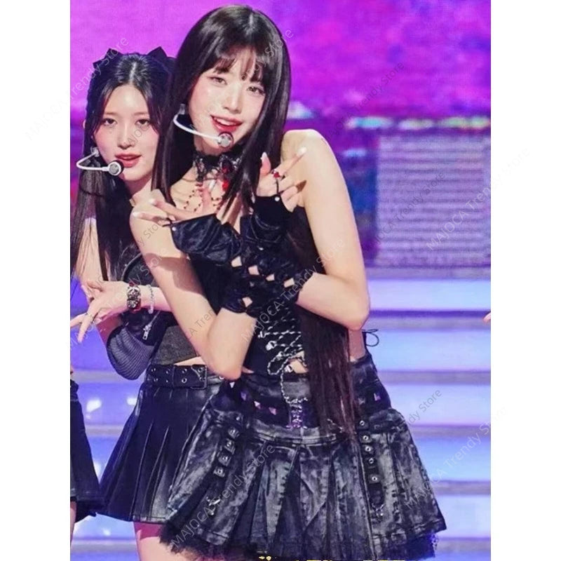 IVE Wonyoung Same Style Stage Outfit Kpop Jazz Dance Performance Set Black Lace-up Tube Top Leather Pleated Skirt