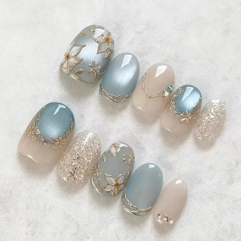 10Pcs Short Handmade Pink Press on Nails Spring French Rhinestone Full Cover Fake Nail Plaid Manicure Wearable Nail Tips Art