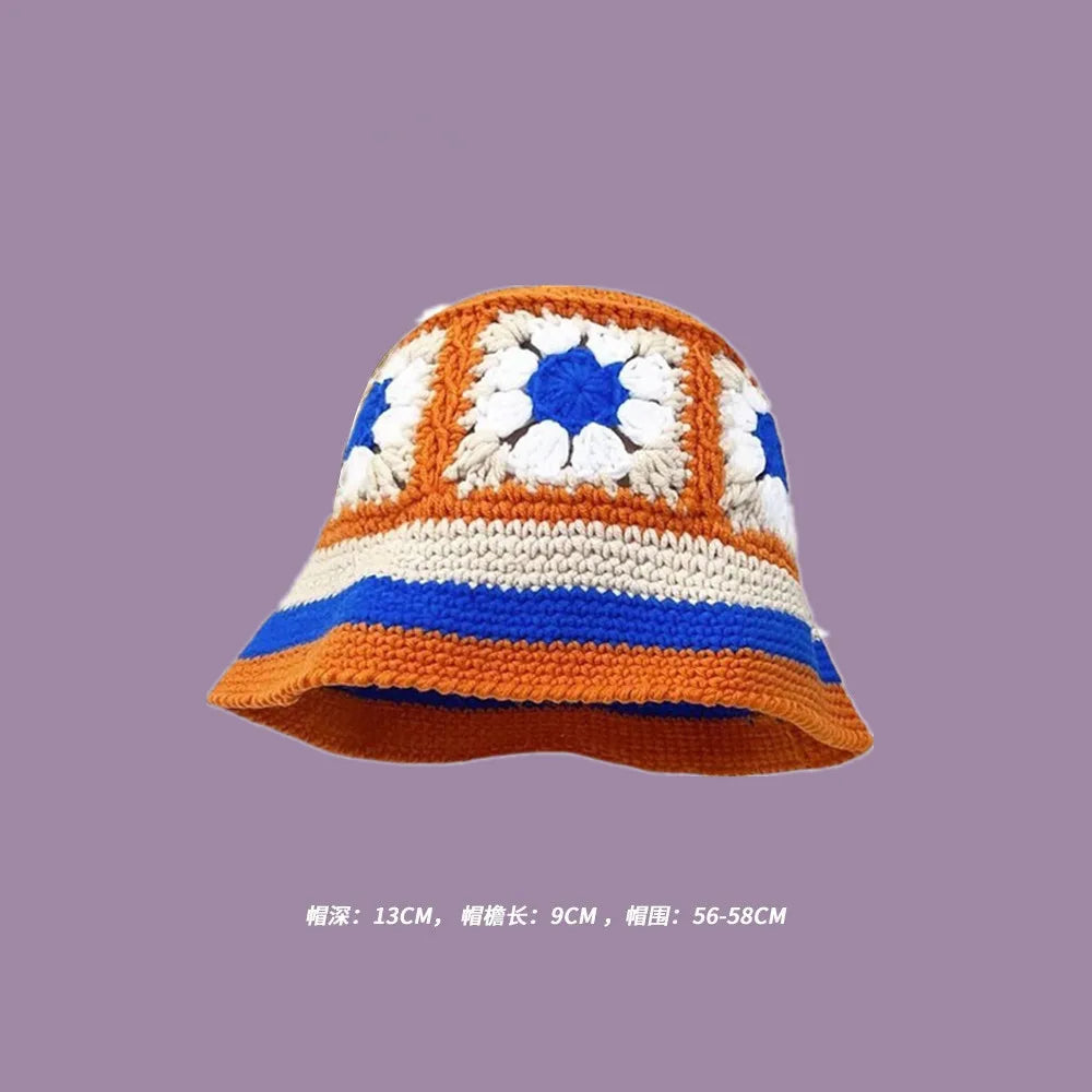 2023 Autumn New Crochet Korean Handmade Bucket Hat Women Weaving Knitted Hat  Fashion Flowers Autumn Winter Beanies Basin Cap
