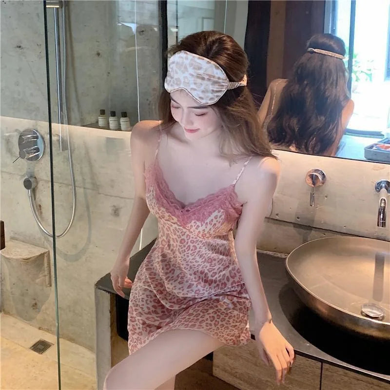 Summer Pink Leopard Print Sexy Slip Nightdress Lace Hollow Out Design Slimming Backless Nightwear For Women Home Sleepwear