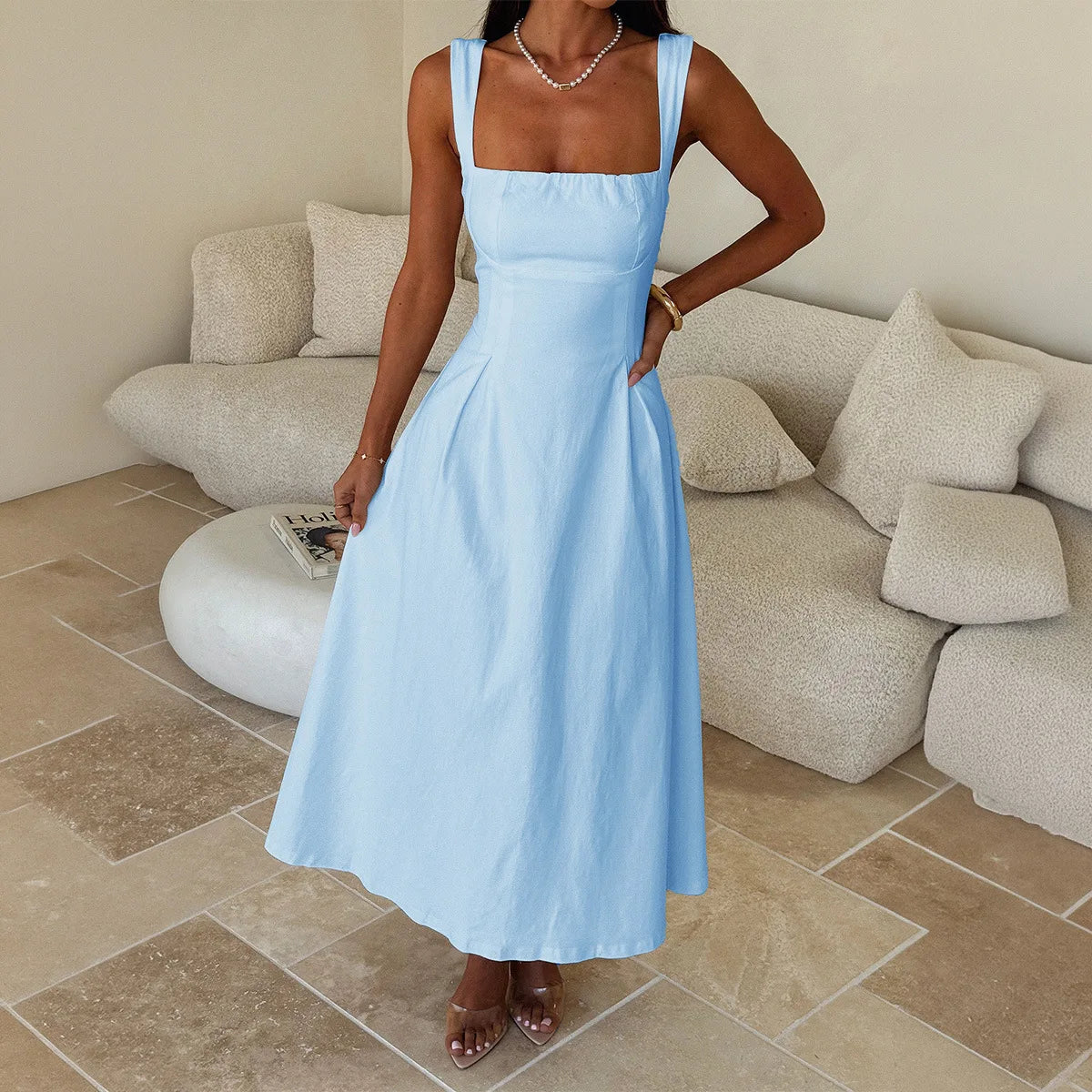 Square Collar Spaghetti Strap Backless Slim Maxi Dress | Inspired by Neslihan Atagül