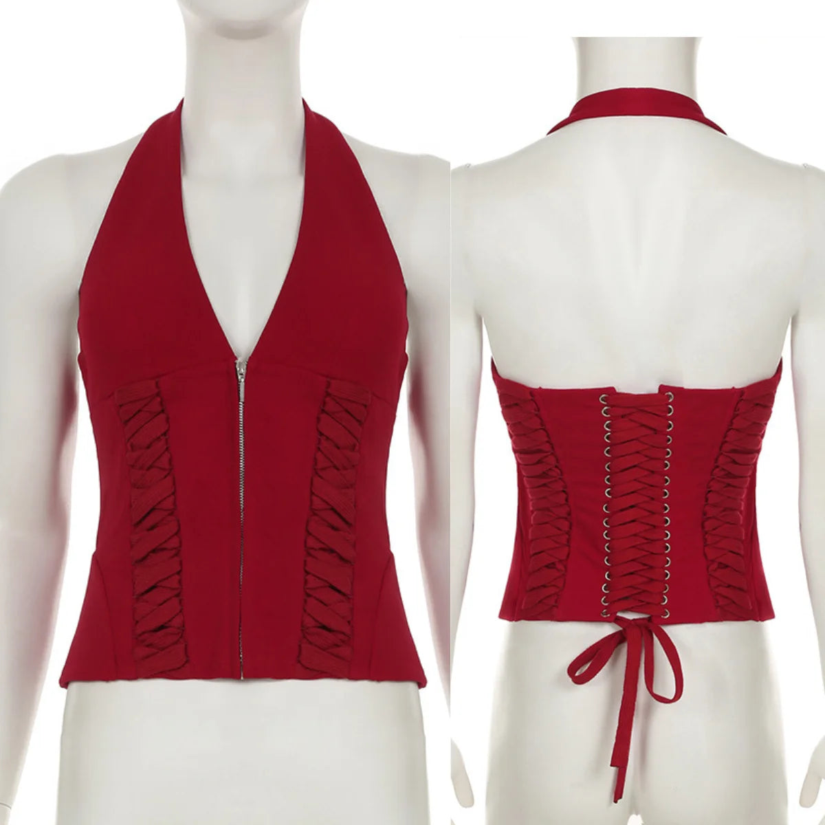 Y2K Clothes Sexy Lace Up Sleeveless Top Slim Halter Tank Tops Woman Cami Party Corset Zipper Vest Fashion Streetwear 2025 Summer