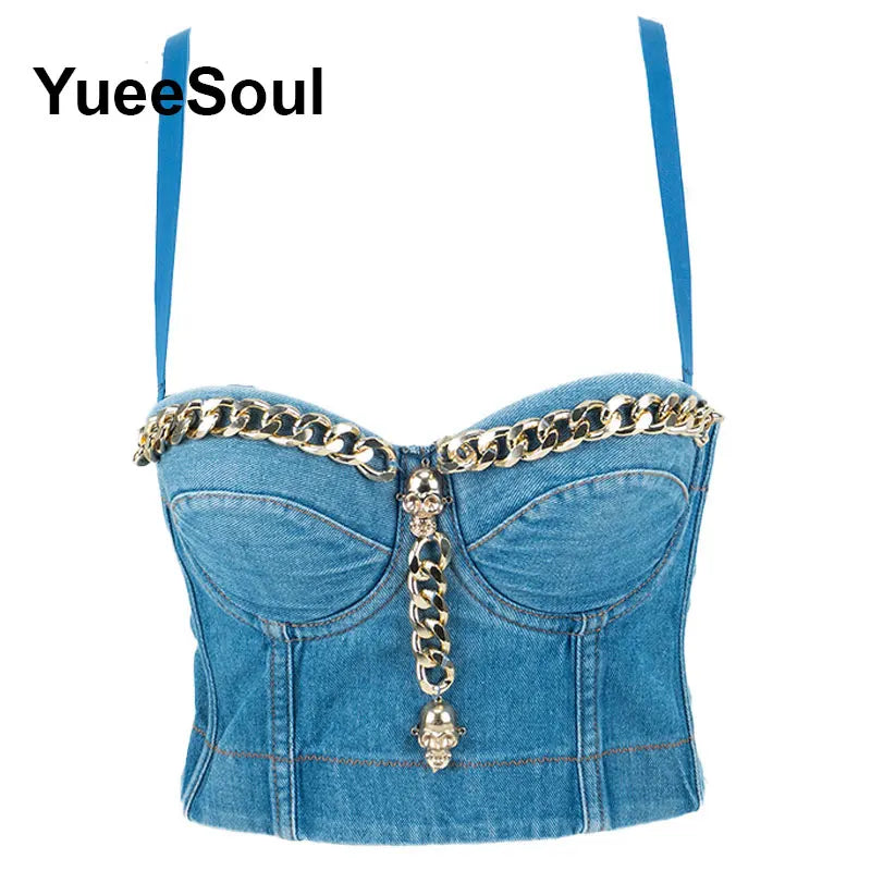 Denim Crop Tops Pearl Tassel Diamond Flower Blue Sleeveless Sexy Corset 2000s 2026 Summer New Y2K Party Evening Woman Clothes
