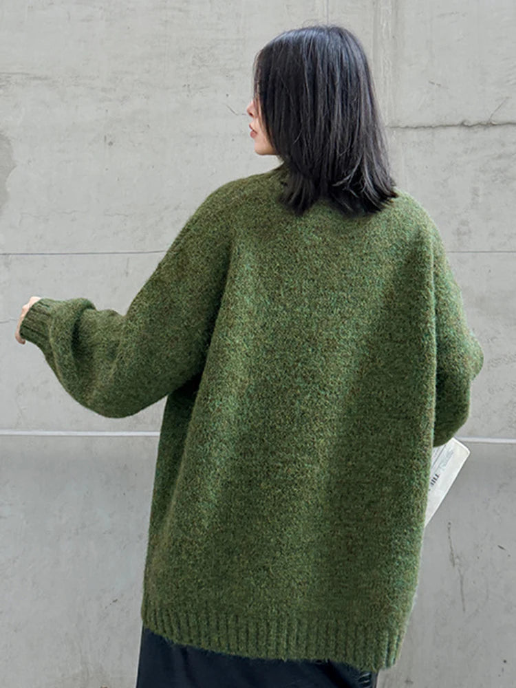 YERMORA Green Big Size Brief Casual Pullover For Women V-Neck Long Sleeve Loose New Sweater Fashion Tide Autumn Winter 2025