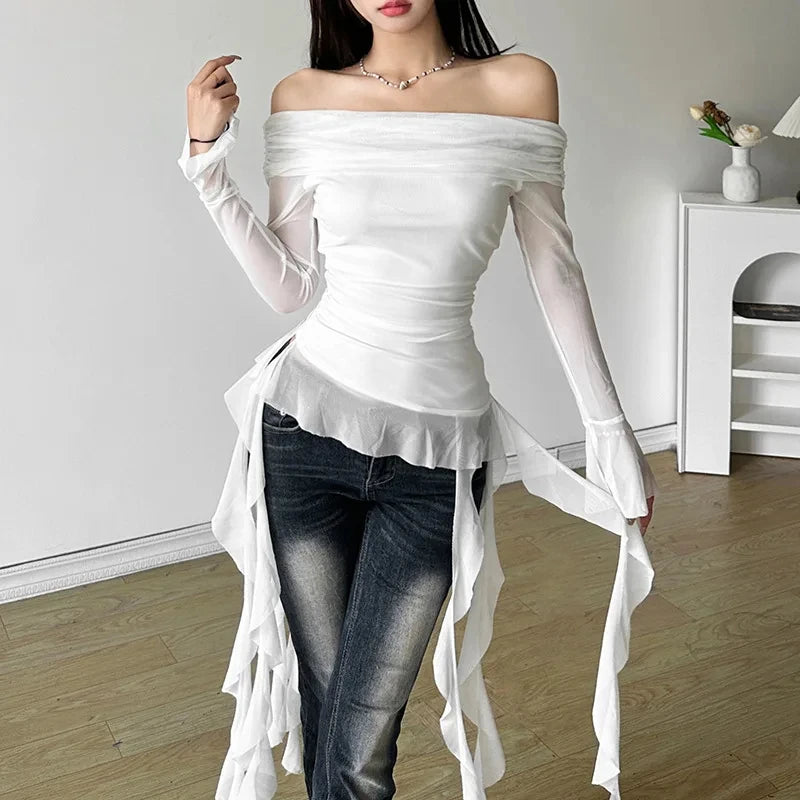 Y2K Slash Neck White T Shirt Women Sexy Streetwear Irregular Ruffles Black Mesh Crop Tops Gyaru Harajuku Grunge Long Sleeve Tees