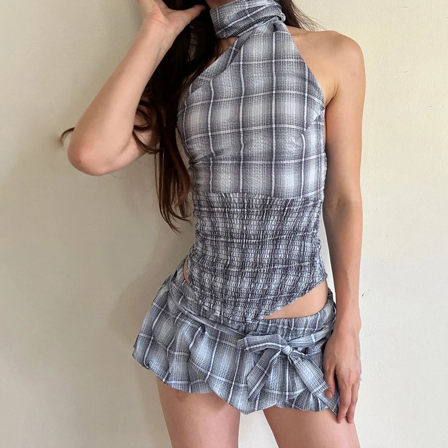 Combhasaki Womens Y2K Plaid/Dots Print 2Piece Outfits Set Halter One Shoulder Smocked Vest+Low Waist Mini Bubble Skirt with Belt