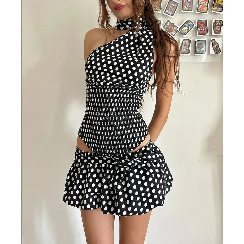 Combhasaki Womens Y2K Plaid/Dots Print 2Piece Outfits Set Halter One Shoulder Smocked Vest+Low Waist Mini Bubble Skirt with Belt
