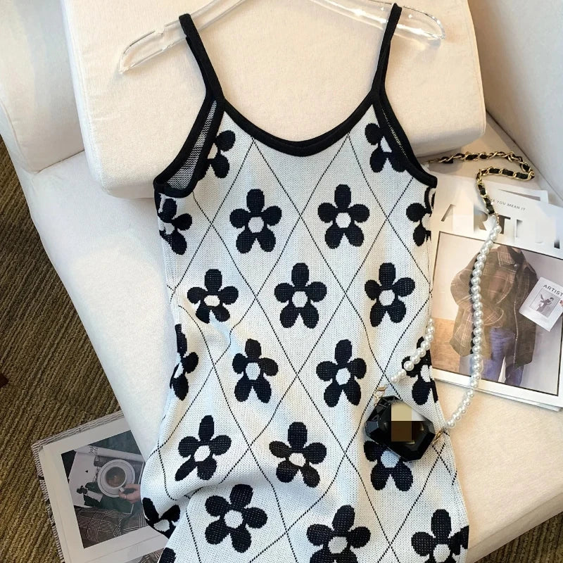 ITOOLIN New Summer Floral Pattern Knitted Cami Dress Sleeveless Mini Dress for Women Vacation Clothing Sundress Fashion New
