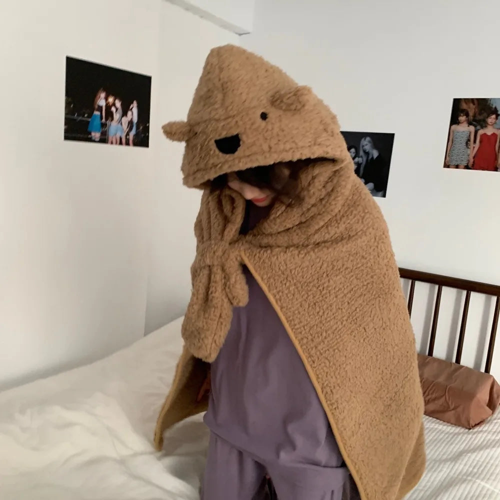 Winter Kawaii Bear Hooded Blanket Soft Keep Warm Blanket Shawl Throw Blanket Fleece Material Wearable Blanket Winter Season