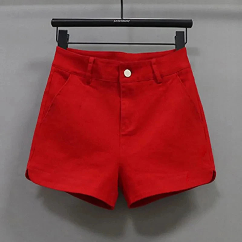 Red Casual Shorts Women Dopamine Summer New Korean version High waist Slimming Stretch Denim A-line wide leg hot Pants Female