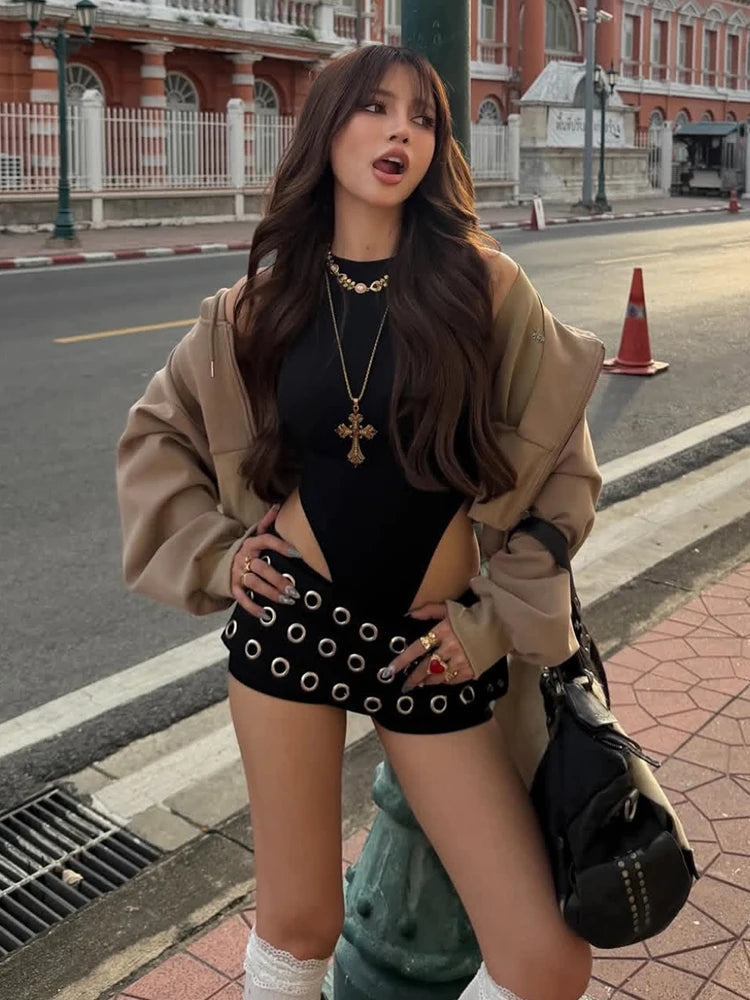 Sisterlinda Hottie Shorts Women Coquette Metal Hollow Sexy Rivet Patchwork High Street Clubwear Trend Stretch Skinny Bottoms