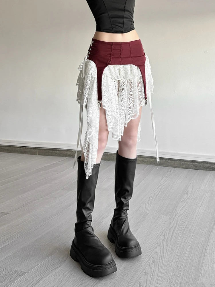 2026 Y2k Aesthetic Irregular Lace Mini Skirts Women High Waist Patchwork See Through Skirt Harajuku A-line Grunge Fairy Faldas
