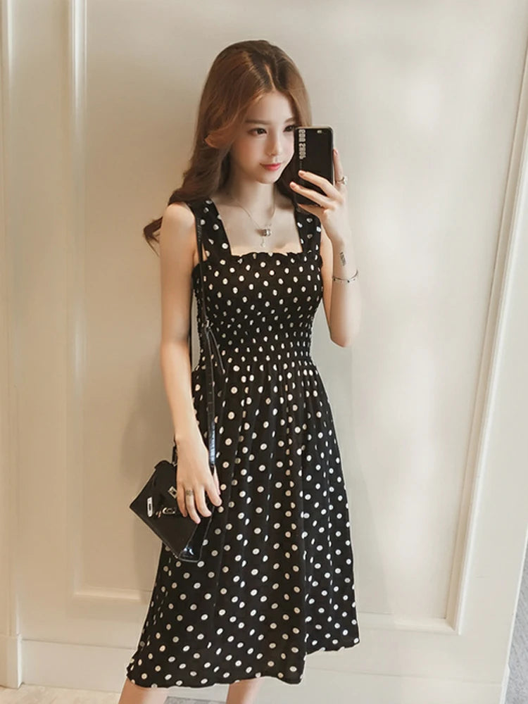 Summer Befree Beach Long Vintage Dots Casual Ruffles Elegant Party Maxi Strap Camis Silky Dress Vestidos Sexy Dresses Women