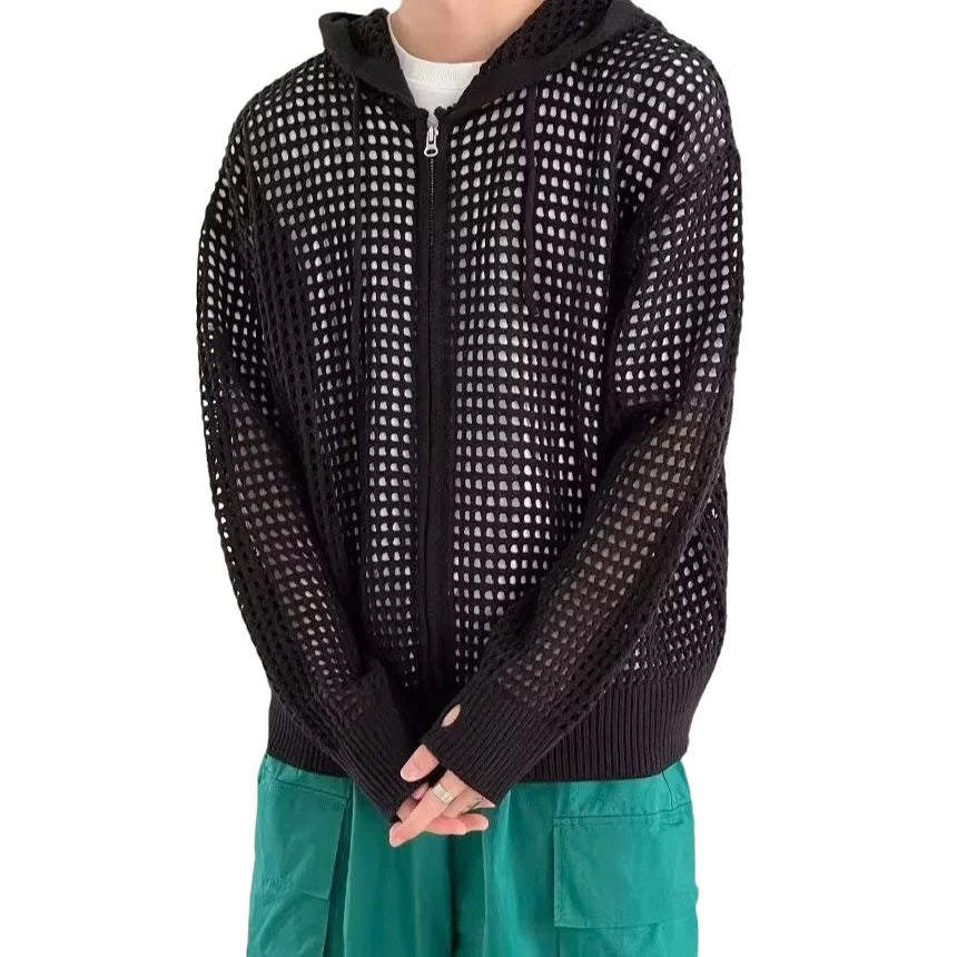 Unisex Hoodies Trendy Hollow Out Hooded Knitted Cardigan For Men Spring Autumn Loose Zip Up Sweater Coat Casual Outerwear