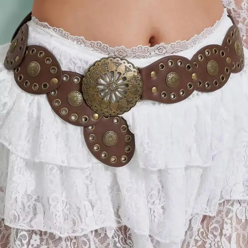 New Ladies Bohemian Western Cowboy Punk Style Belt Fashion Accessory Hollow Out Flower Buckle Oval Splicing Design