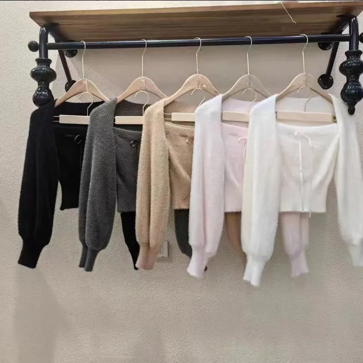 Autumn and Winter Soft Imitation Mink Fur Strap Knitted Top, Sweet and Spicy Long Sleeved Knitted Shawl+Tied Bow Strapless Vest
