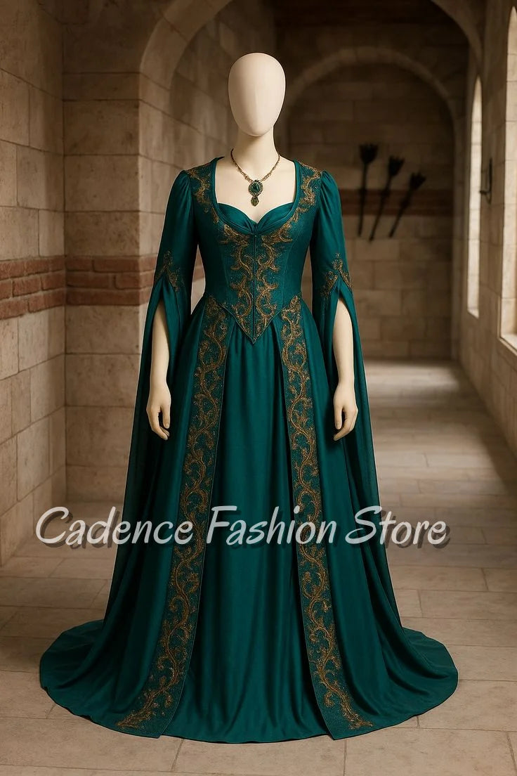 Customized Courtly Gorgeous Green Medieval Ball Gowns V-Neck Long Sleeve Trailing Tudor Evening Dresses