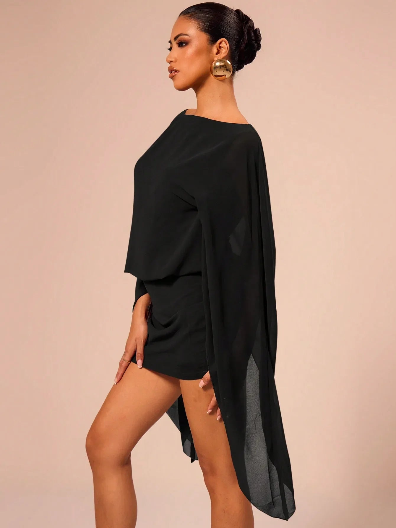 Draped Batwing Sleeve Slash Neck Ruched Waist Tie A-Line Mini Dress | Inspired by Beren Saat