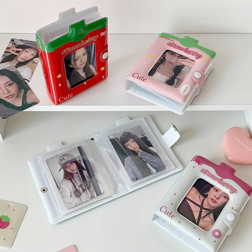 Kawaii Fashion Strawberry Cartoon 3-Inch Card Album Cute Girls Idol Photo Storage Display Card Holder Student Mini Card Bag Gift