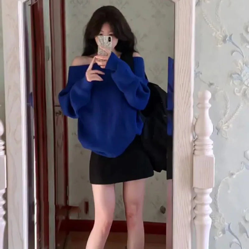 Fashion Autumn Women Off Shoulder Sweater Long Sleeve Elegant Casual Solid Knitted Tops Sexy Pullover Clothing Spring Knitwear