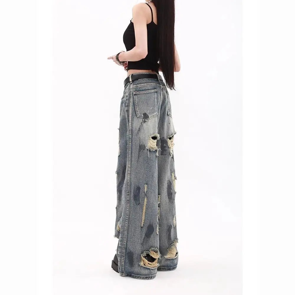 Oversize Blue Ripped Old Hot Girl Y2k American Retro High Waist Fashion Men And Women Hip Hop Straight Loose Wide Legs Jeans
