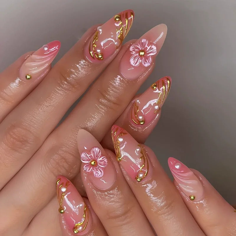 24Pcs Almond Press on Fake Nails Wearable Red Purple Blusher Halo Design False Nails Acrylic Full Over Simple Fashion Nail Tips