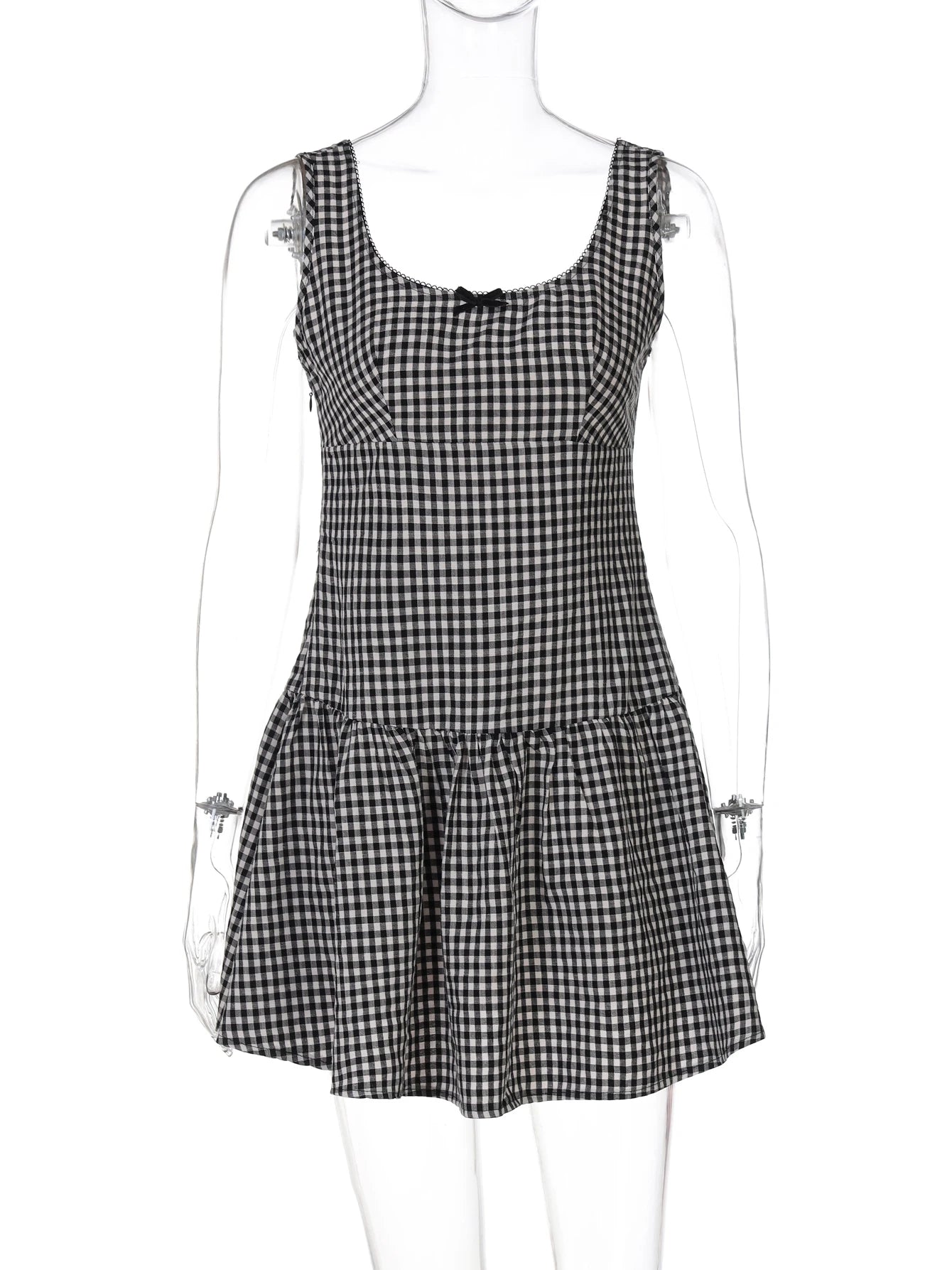 Hugcitar Women'S Elegant Plaid Print Sundress Straps Tie Bow Sexy Zipper Pleated Mini Dress Summer Fashion Party Holiday Outfit