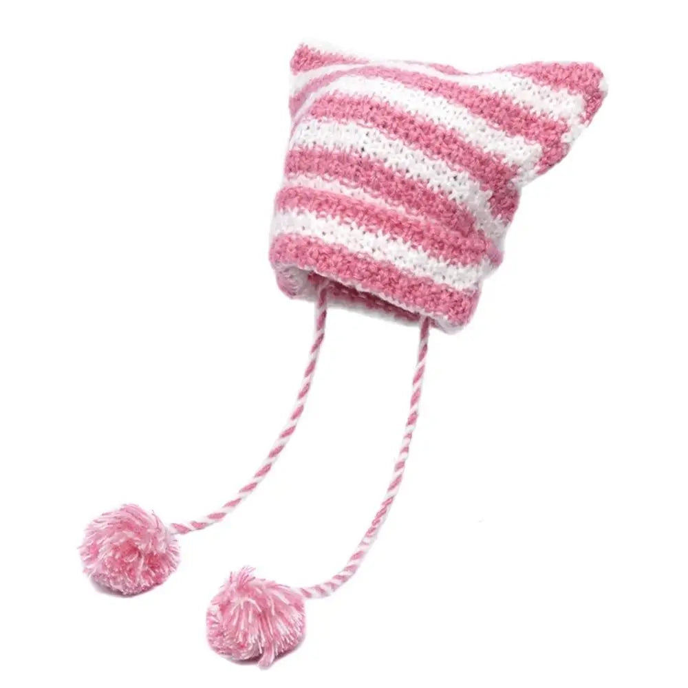 Fshion Y2K Knitting Striped Beanie Hat Cute Wool Hanging Ball Knitted Beanie Hat Cat Ears Pointed Pullover Hats Autumn Winter