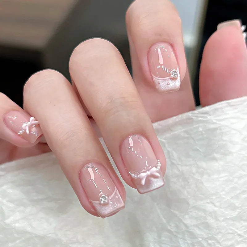 24pcs Cute Girly Short Square False Nails Sweet White French Nail Glitter Star Rhinestones Nail Art Cat Eye Bow Press On Nails