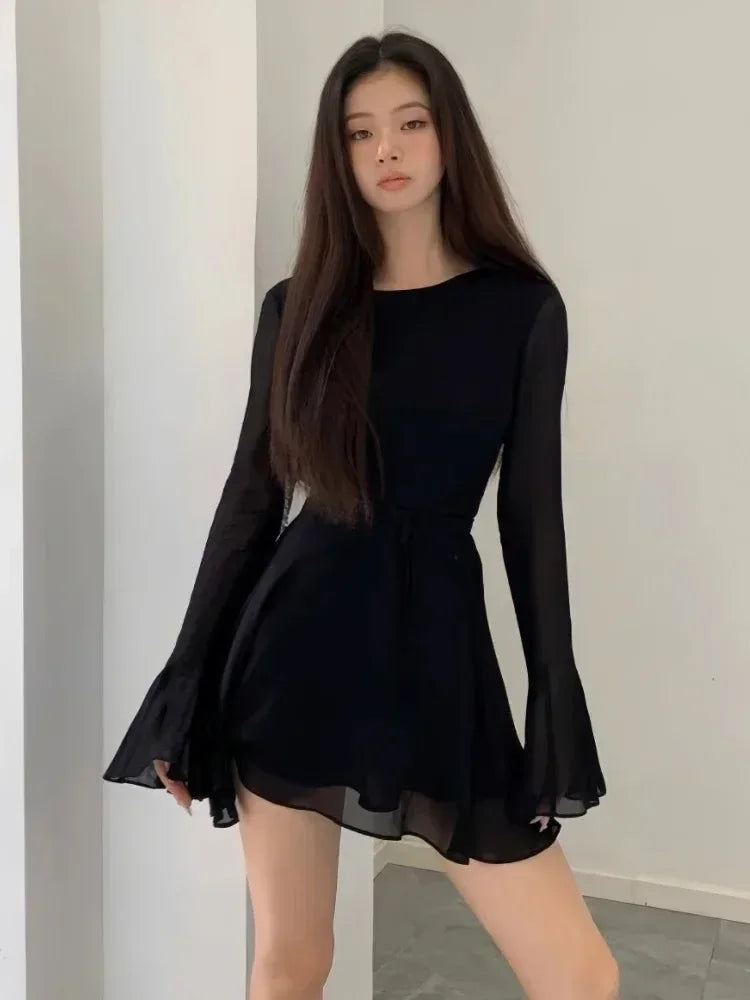 Sexy Backless Black Dress Women Back Hollow Out Lace-up Long Sleeve Mesh Patchwork Dress Elegant Slim Ruffle Mini Dress Party