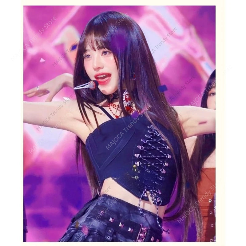 IVE Wonyoung Same Style Stage Outfit Kpop Jazz Dance Performance Set Black Lace-up Tube Top Leather Pleated Skirt