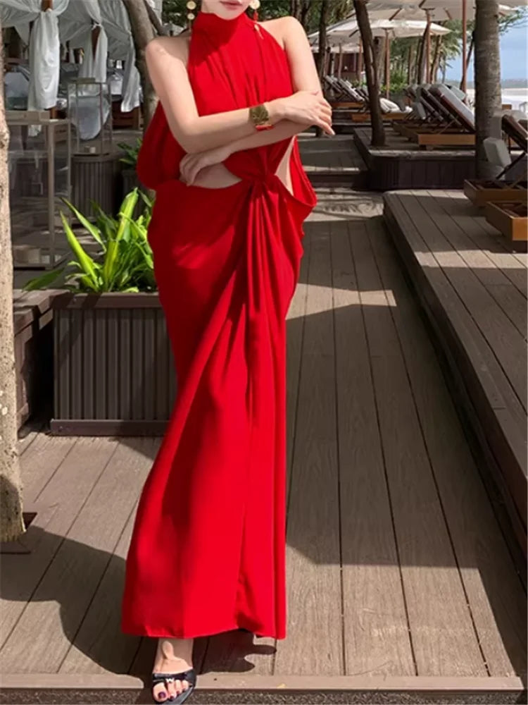Island Seaside Vacation Sleeveless Open Back Red Long Dress 2026 New Summer Stunning Women Halter Hollow Out Waist Beach Dress