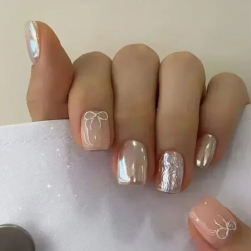 24pcs Cute Girly Short Square False Nails Sweet White French Nail Glitter Star Rhinestones Nail Art Cat Eye Bow Press On Nails