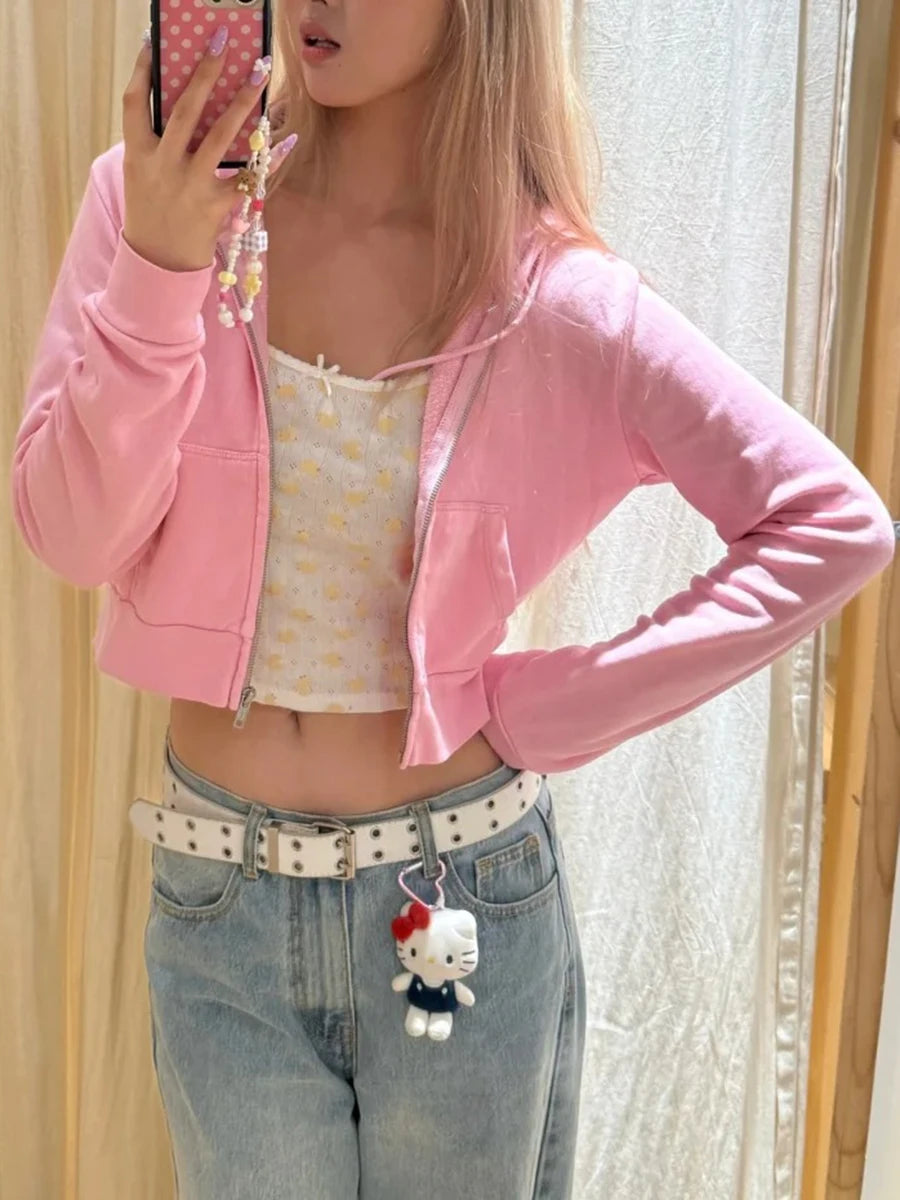 New Pink Zip-up Hoodie Woman Autumn Slim Zipper Drawstring Hooded Long Sleeve Cotton Sweatshirt Sweet Prppy Style Cute Crop Tops