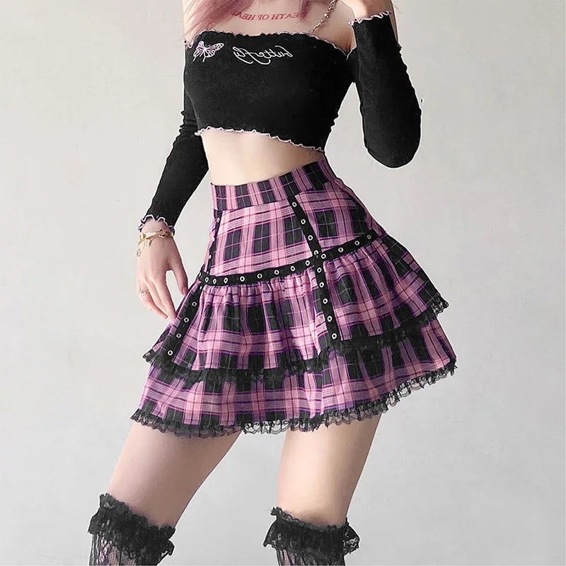Mall Goth Gothic Lace Ruffle Mini Skirts Womens Harajuku Fairy Grunge Pink Plaid Pleated Skirt Japanese Lolita Streetwear