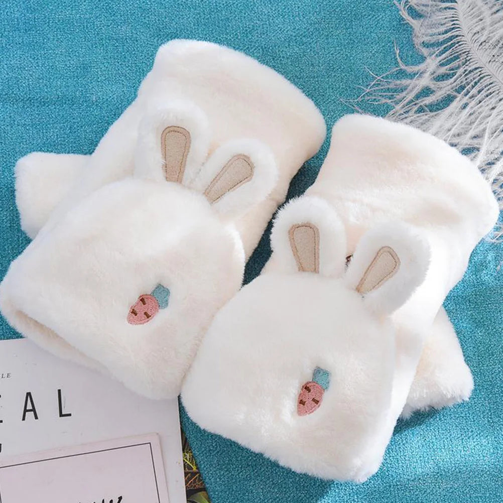 1 Pair Fingerless Winter Gloves Warm Polyester Lined Rabbit Ear Design Hand Protectors For Women Touch Screen Mittens Cycling