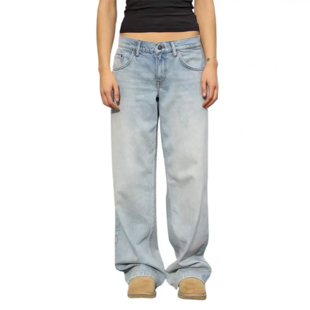 Classic Blue Jeans for Women Straight Leg Stretchy Denim Trousers Simple Design Retro Style Elastic Waist ﻿