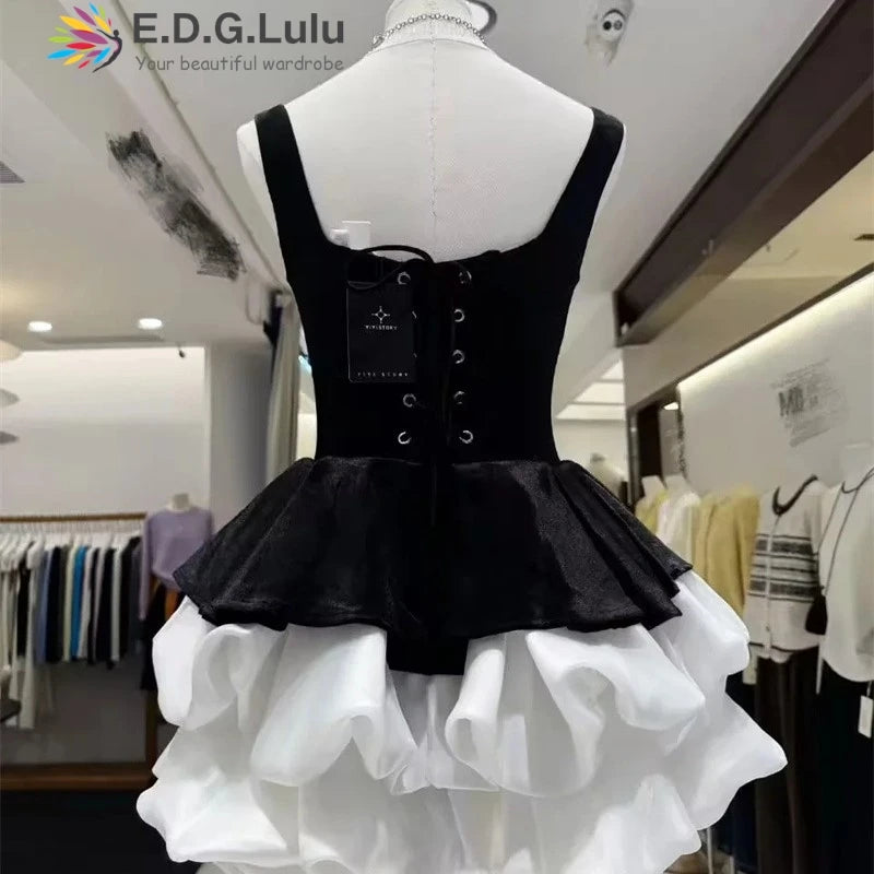 EDGLuLu Sexy Backless Square Collar Sleeveless Mini Dresses For Woman Party Wedding Red Patchwork Black Birthday Dress 1021