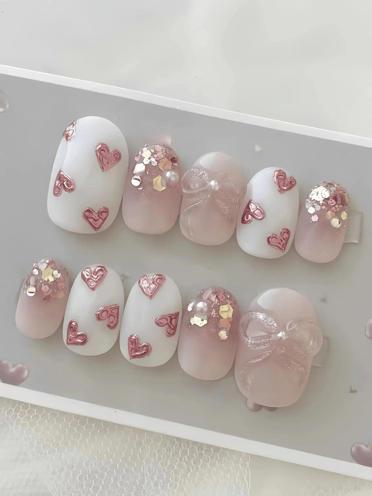 Handmade Cute Heart, Bow, Glitter Press-on Nails