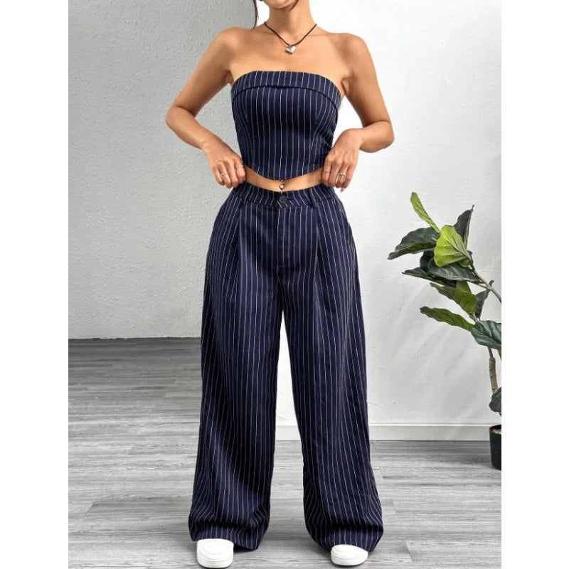 Women's Striped 2 Piece Outfit Tube Top and High Waist Wide Leg Pants Set