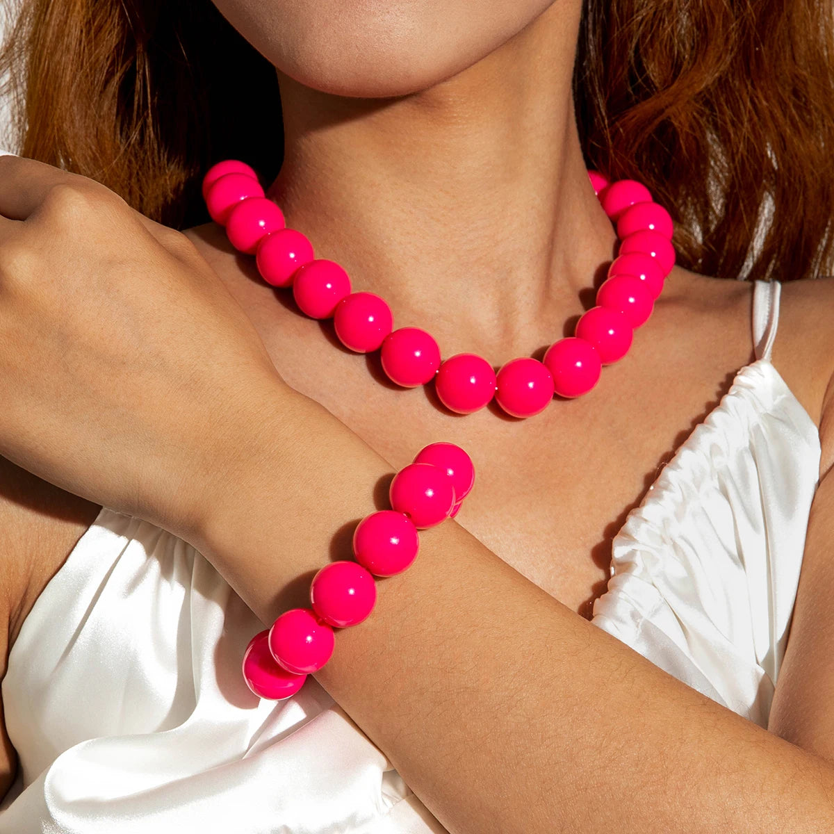 Docona Fashion Colorful Resin Big Beads Necklace Bracelet Set for Women Personality Originality Holiday Jewelry Accessories Gift
