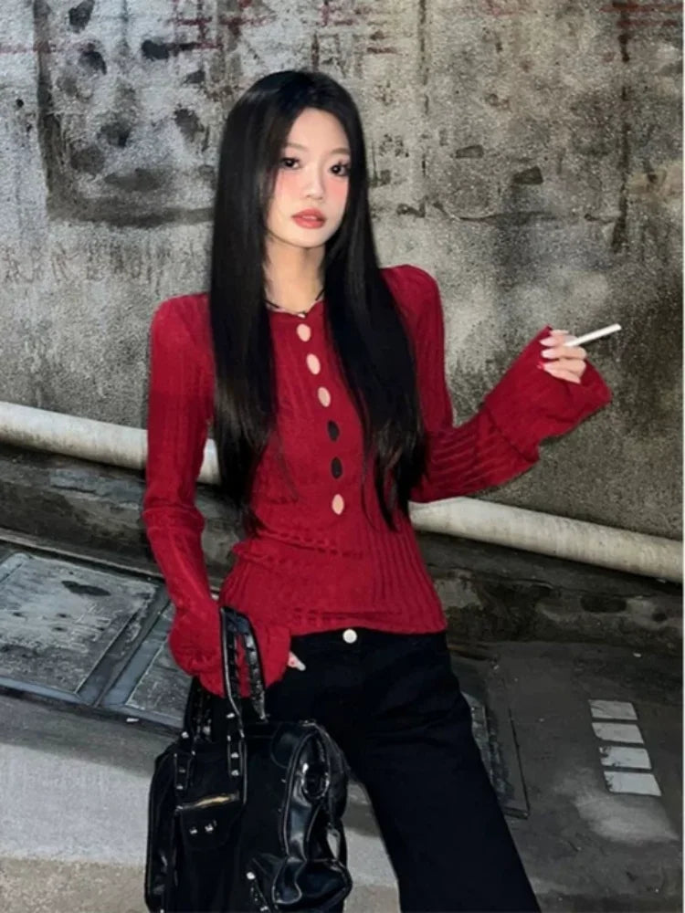 American retro spicy girl hollow hole knitted women's sweater autumn and winter Y2K retro slim fit women's tops millennium style
