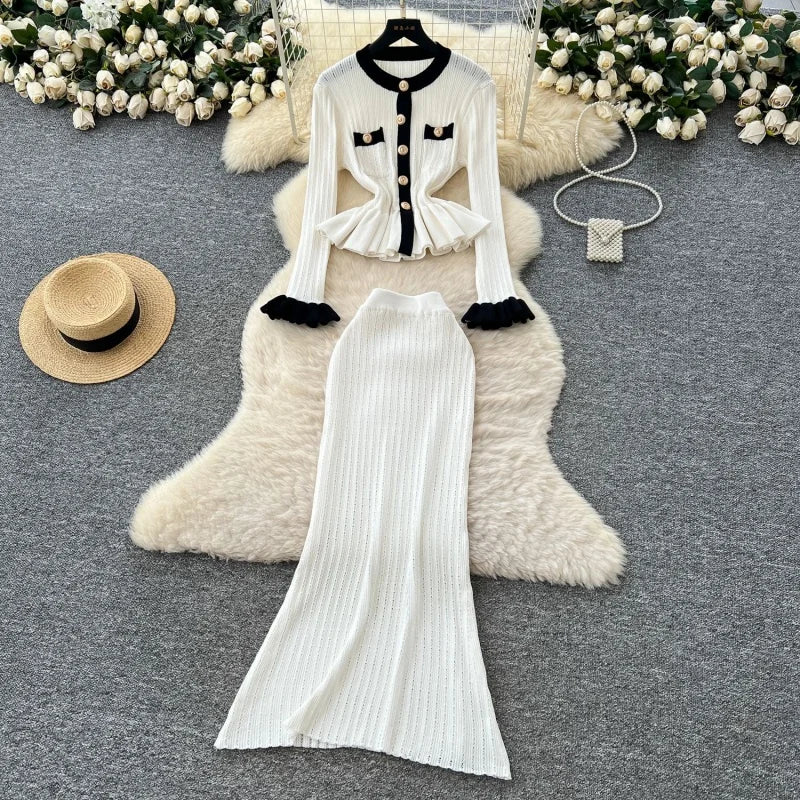Elegant Colorblock Knitted 2 Piece Sets Women Outfit Spring Clothes Women Long Sleeve Top Mermaid Skirt Suit OL Style Dress Sets