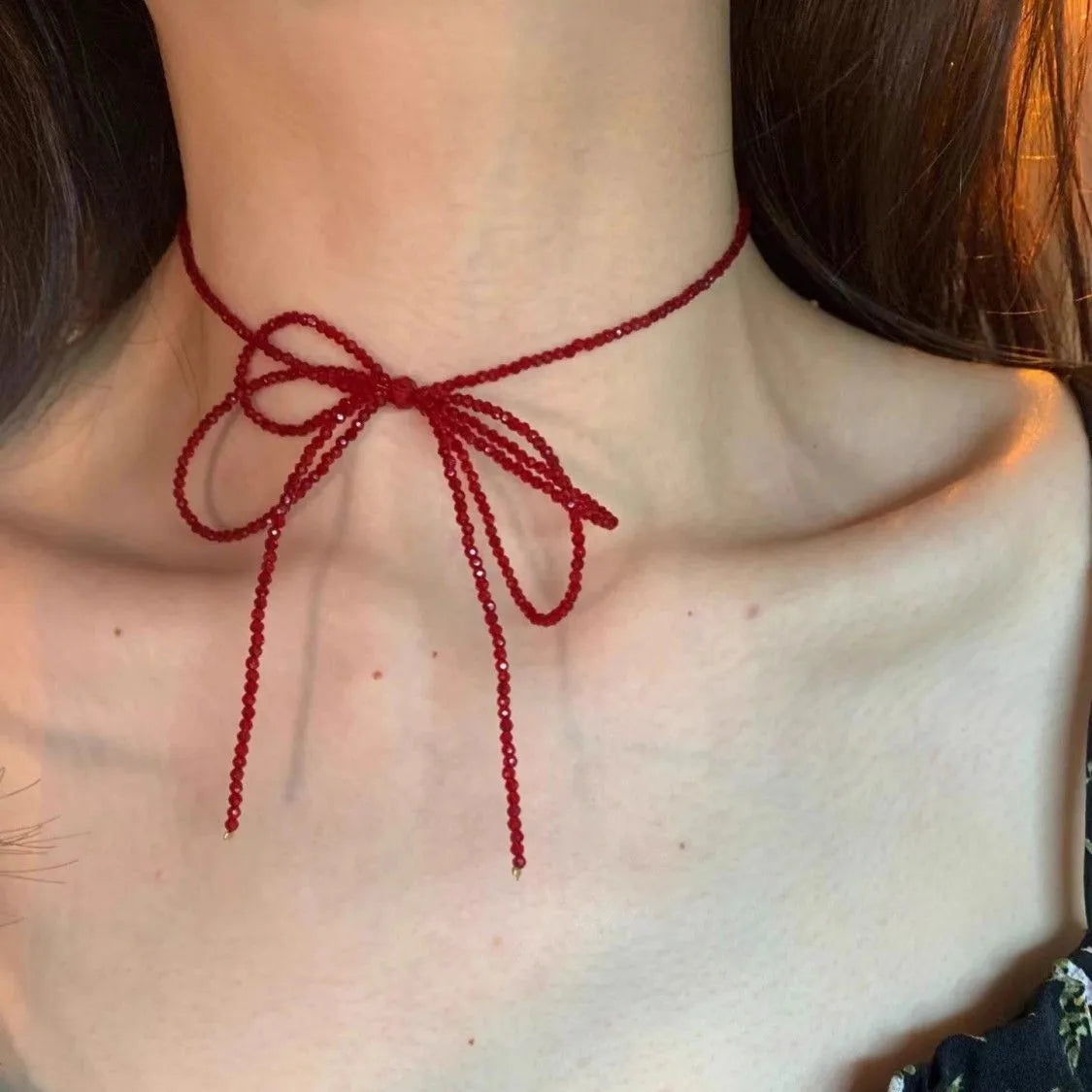 Vintage Red Crystal Bead Bow Necklace for Women Girls Sweet Cool Long Tassel Short Choker Necklace Unusual Y2K Jewelry Gifts