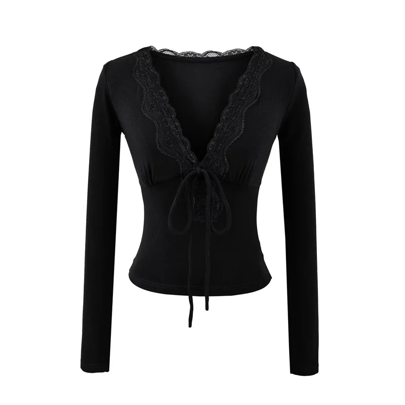 Women's Lace Trim Plunge V Neck Long Sleeved Slim Fit Top