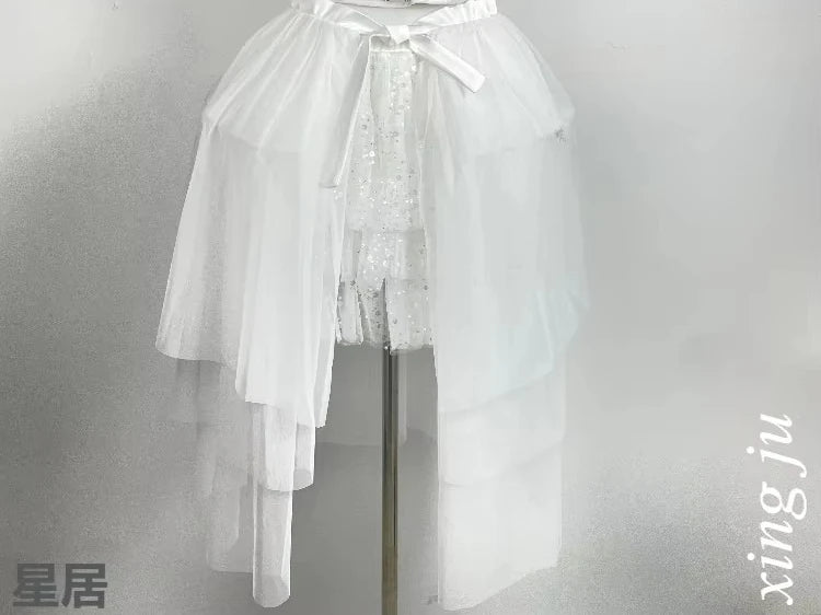 New Korean Women Group Jazz Dance White Lace-up Vest Sling Tops Sweet Princess Skirt Kpop DJ Dance Outfits Singer Stage Costume