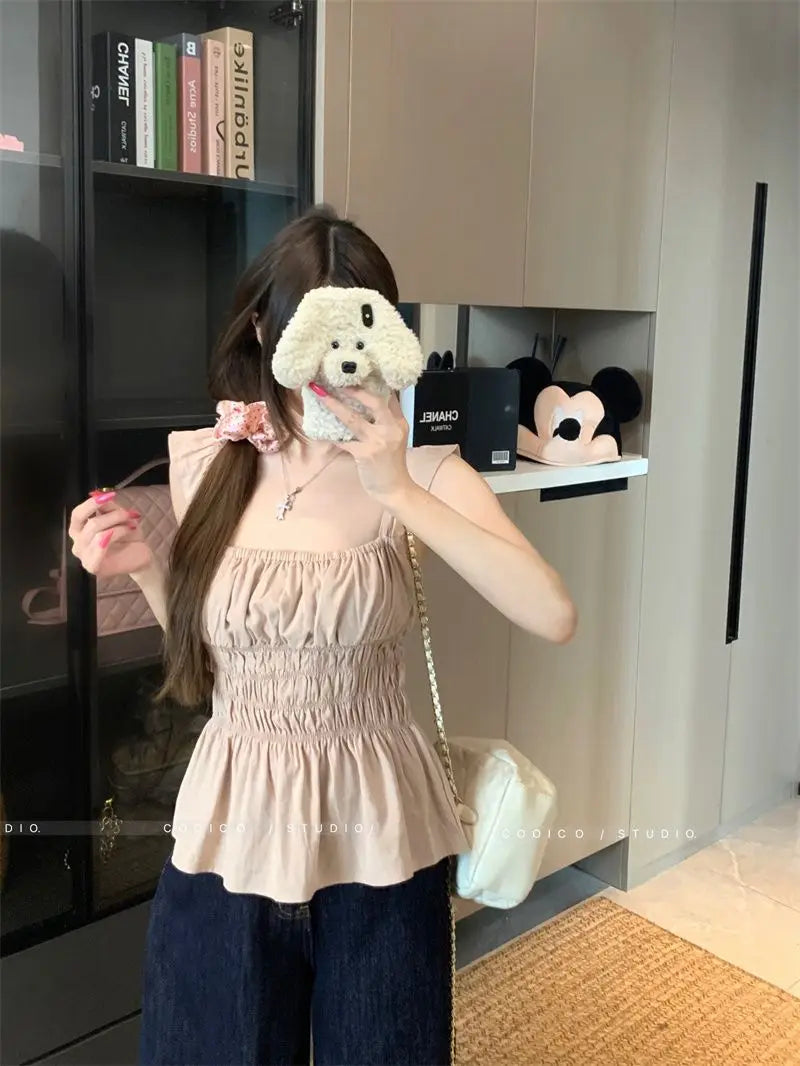 Gaono Women Sleeveless Low Cut Peplum Tank Tops Fairy Cute Ruched Camisole Summer Coquette Tie Up Strap Crop Tops Y2k Clothes