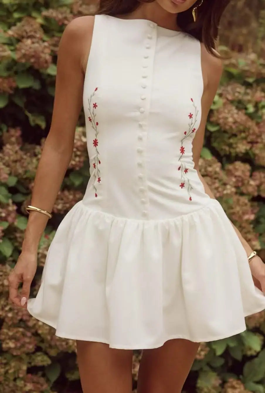 2025 Women's White dress Mini Summer buttons front pleated Dresses Vintage vest embroidery dresses