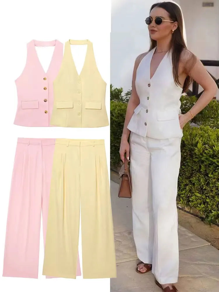 HH 2024 Female Elegant 2 Piece Solid Set High Waist Straight Trousers+Sleeveless Halter Vest Tops Chic Commuting Suit